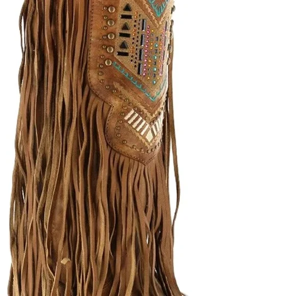 Brown Fringe Western Heeled Boots - Women's Fashion Boot - Picture 5 of 5